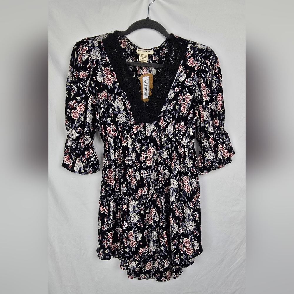 Romantic Gypsy Floral Babydoll Y2K Boho V-Neck Tunic Top Women's sz S NWT